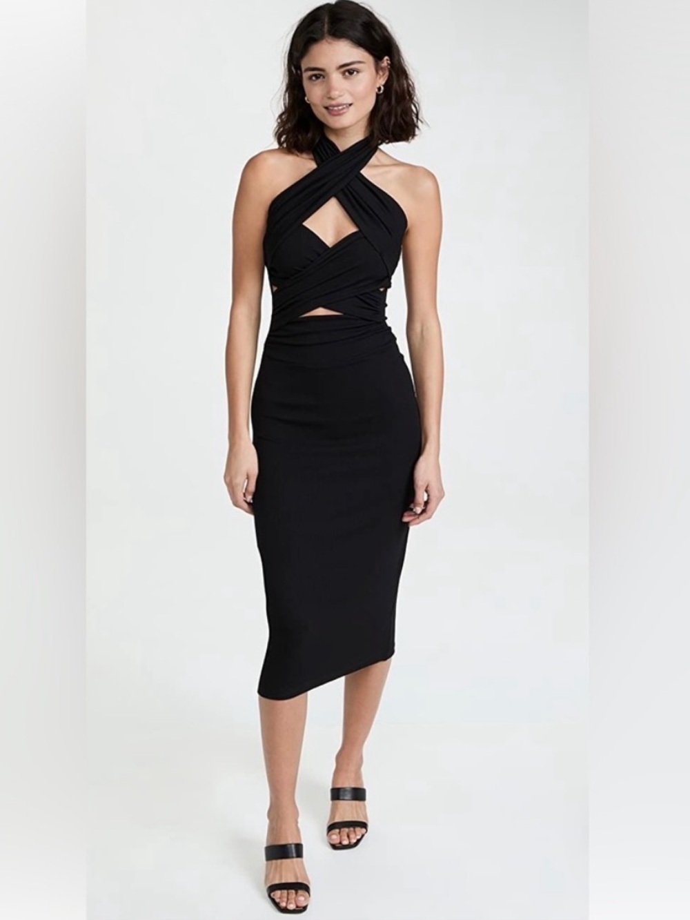 LNA Endless Ribbed Jersey Cutout Twist Halter Neck Midi Dress